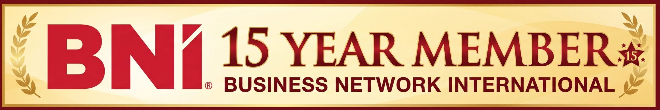 Official BNI 15 Year Member horizontal digital badge featuring the red BNI logo, gold decorative laurels, and a star emblem with the number 15 on a light gold gradient background with "15 YEAR MEMBER" and "BUSINESS NETWORK INTERNATIONAL