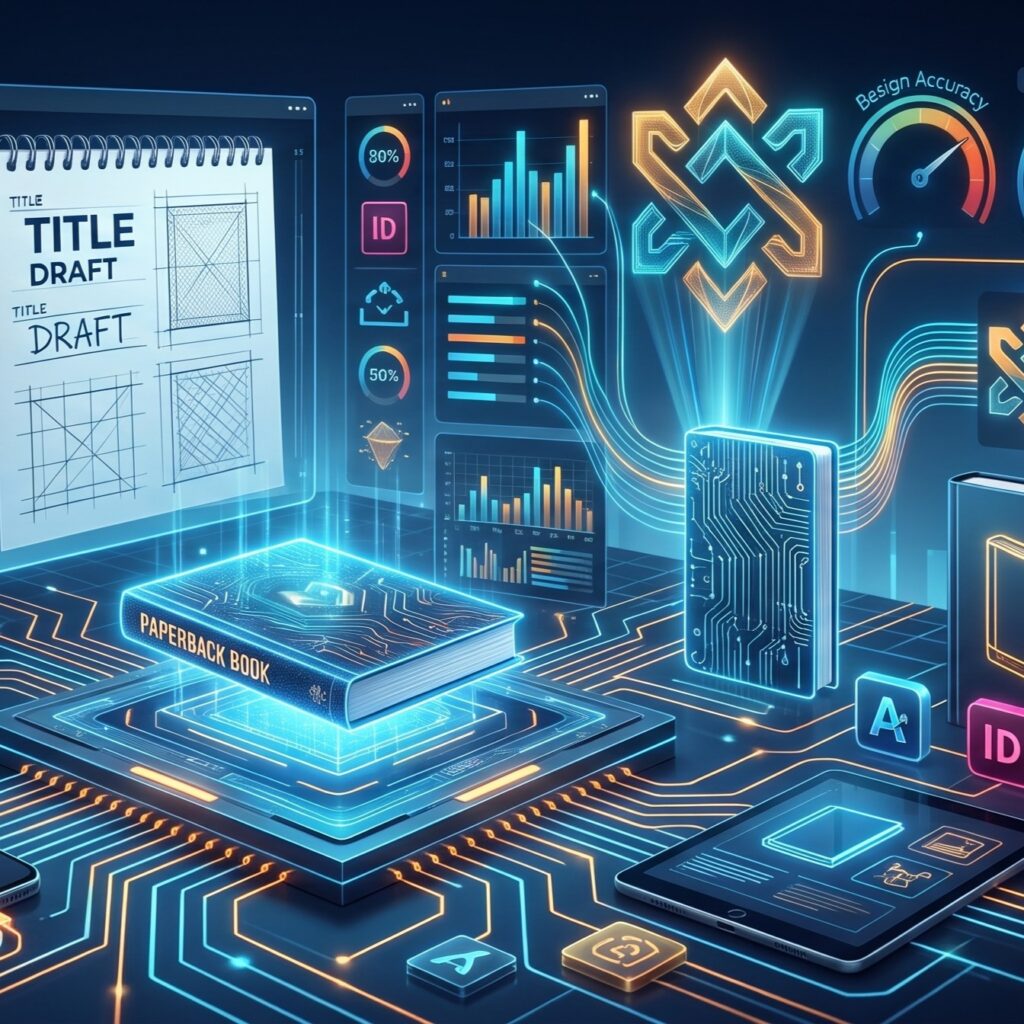 Futuristic 3D concept visualization of book cover packaging and digital formatting, featuring glowing paperback and hardcover blueprints, KDP and IngramSpark metrics, and tablet displays over a circuit board background