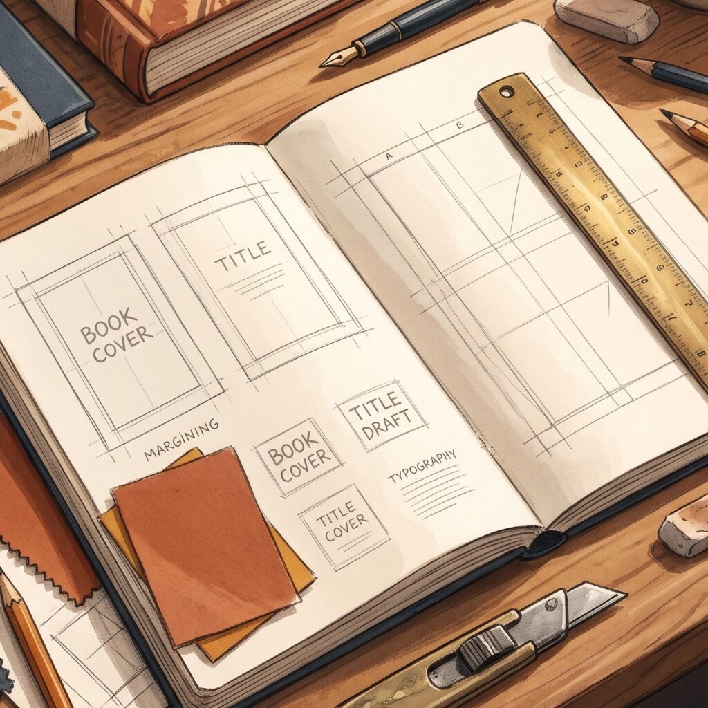 Close-up painterly illustration of hand-drawn book cover typography layouts, brass ruler, and terracotta color swatches arranged on a sunlit oak studio desk.
