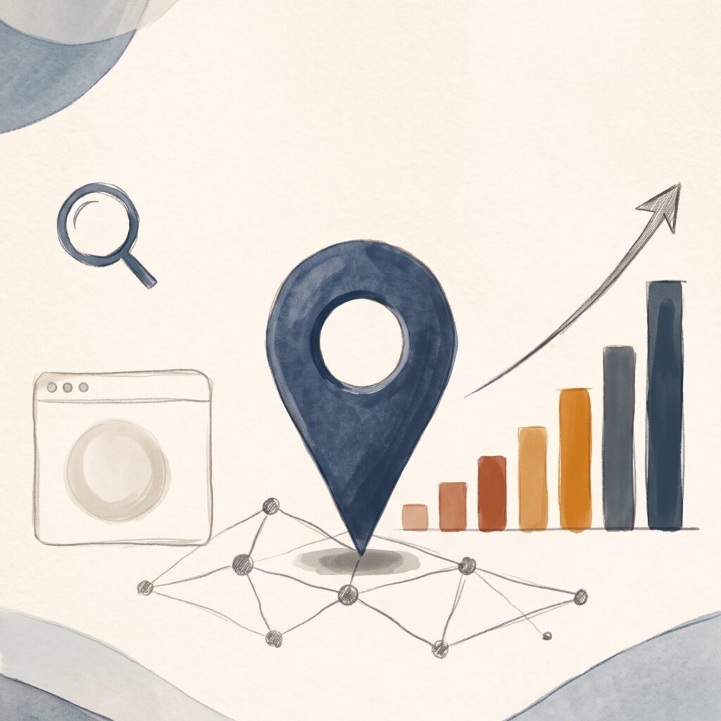 Painterly vertical illustration showing a local map marker pin, browser window outline, and rising performance chart on warm textured parchment.
